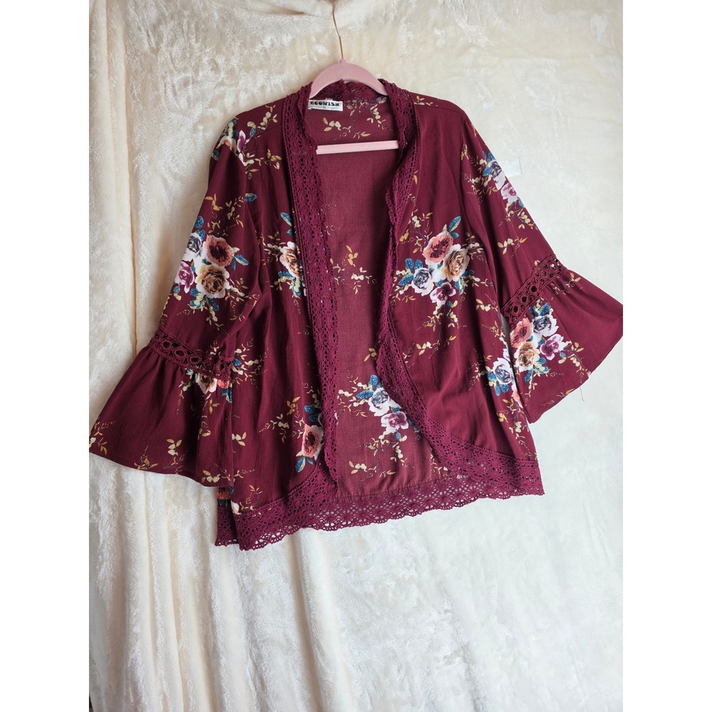 ECOWISH Burgundy Floral Bell Sleeve Lace Trim‎ Kimono Cardigan XL